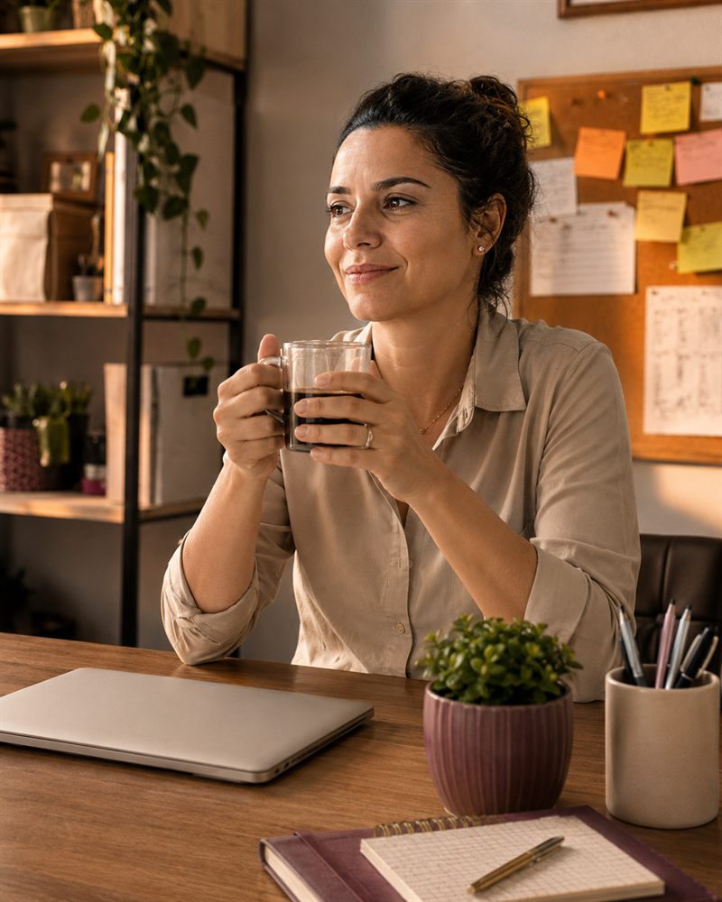 A mesma mulher, calma e serena, com a mesa organizada